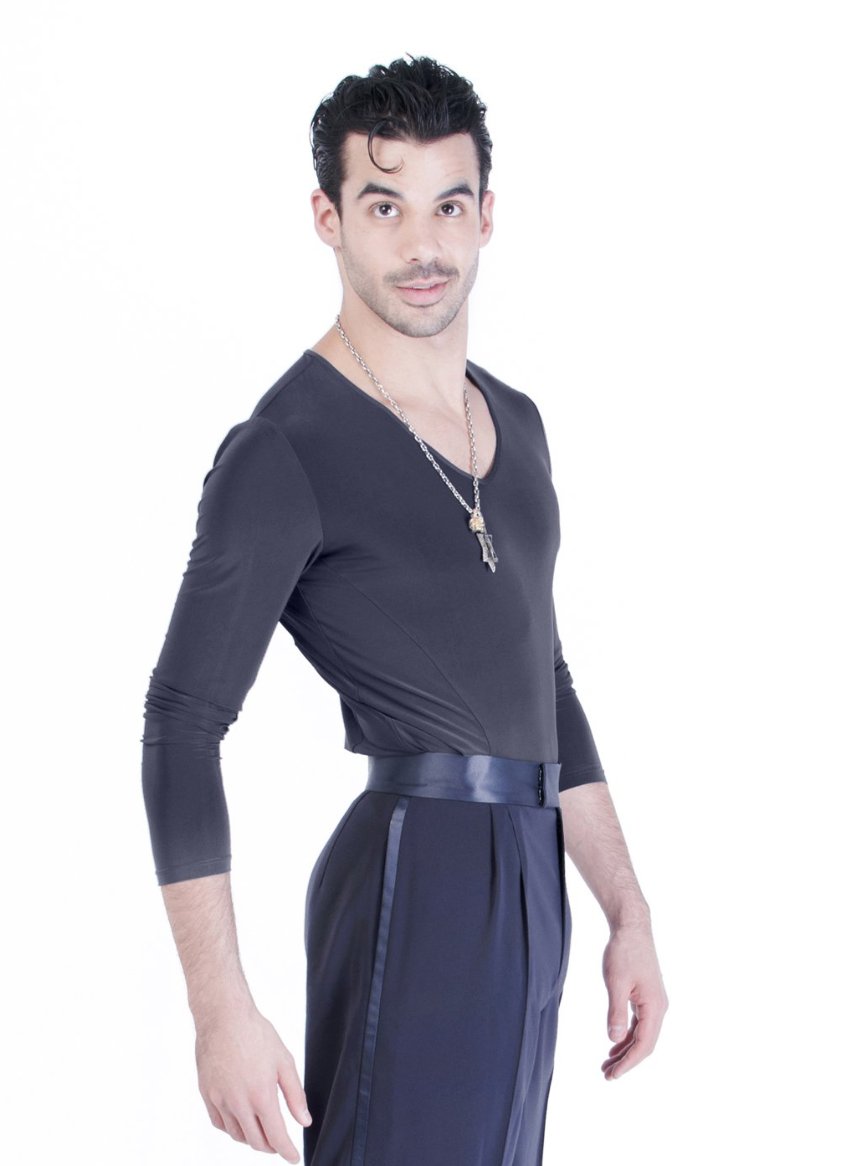 Classic ballroom silhouette for men with v-neck and a rounded hem.