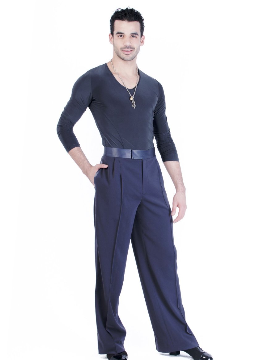 Miari mens steel Luca ballroom dance trousers with satin waistband, pin tuck pleats, and pockets. Wide leg, satin trim down side seam. Durable crepe material no wrinkle machine washable.