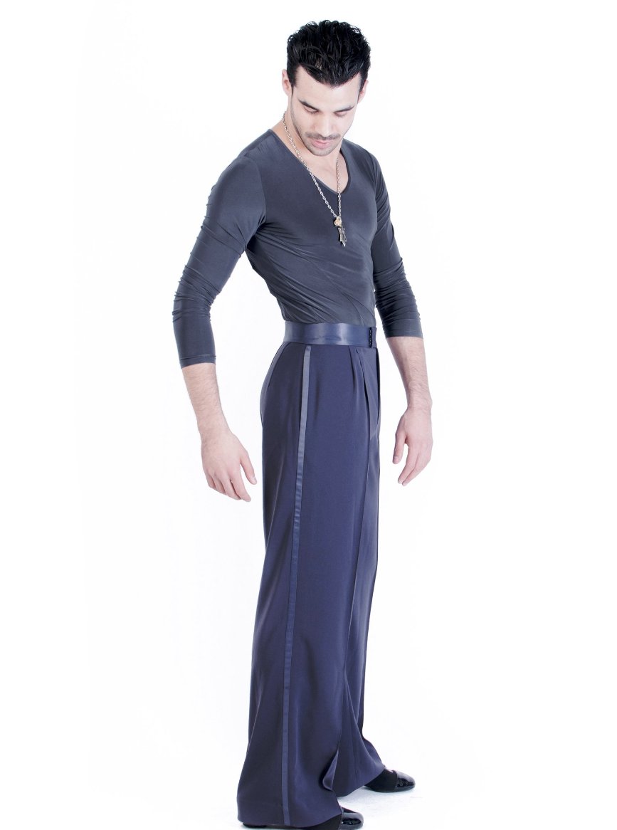 Miari mens steel Luca ballroom dance trousers with satin waistband, pin tuck pleats, and pockets. Wide leg, satin trim down side seam. Durable crepe material no wrinkle machine washable.