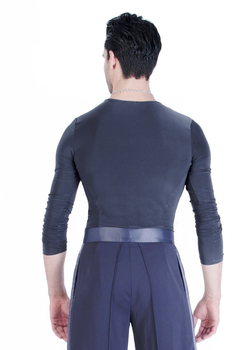 Classic ballroom silhouette for men with v-neck and a rounded hem.