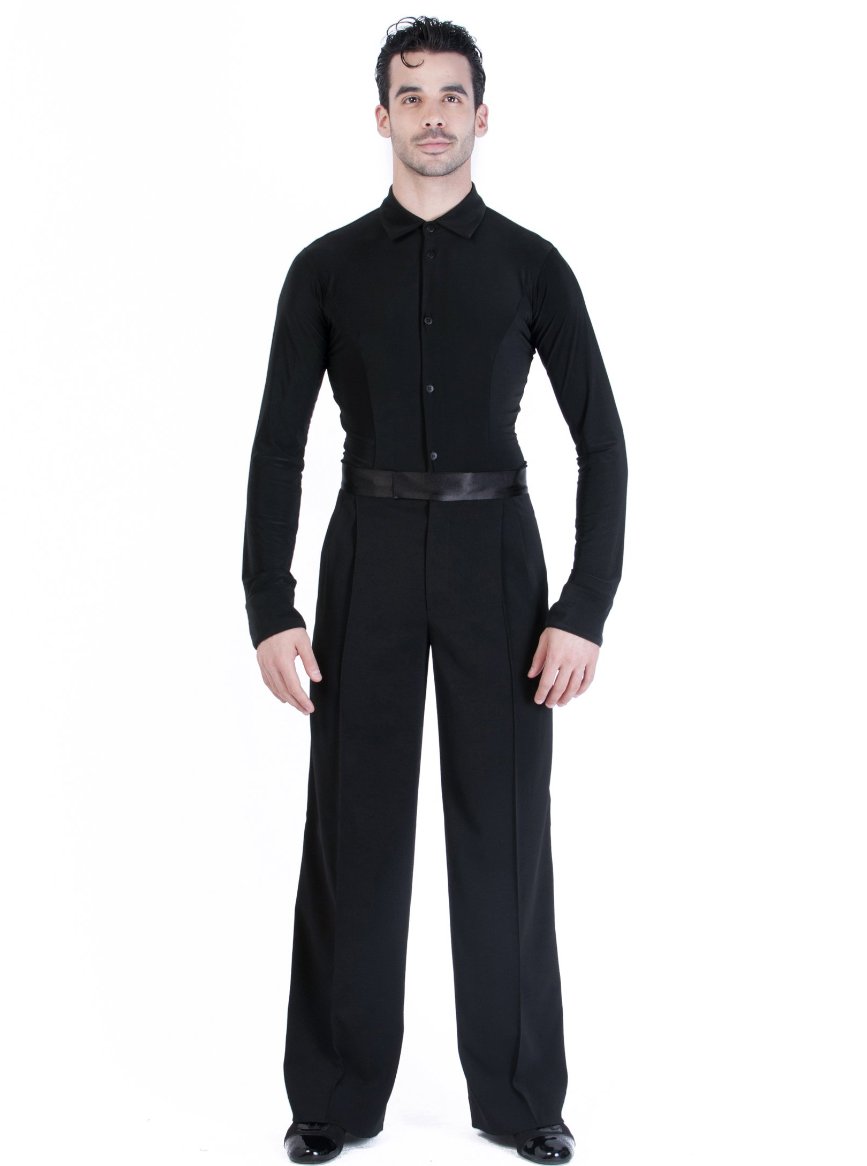 Miari mens dance trousers with satin waistband, pin tuck pleats, and pockets. Wide leg, satin trim down side seam. Durable crepe material no wrinkle machine washable.