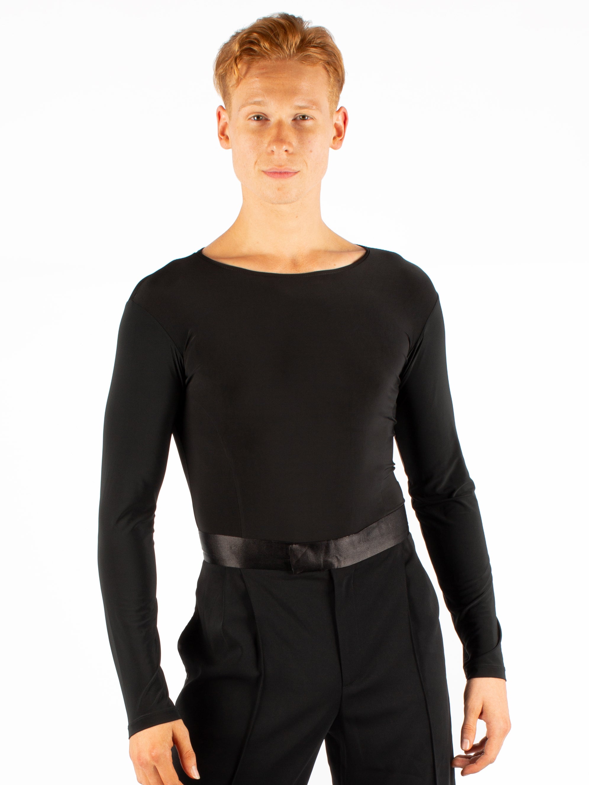 Long sleeved simplicity with an all mesh back. Super soft spandex, trunks attached with snap closure.