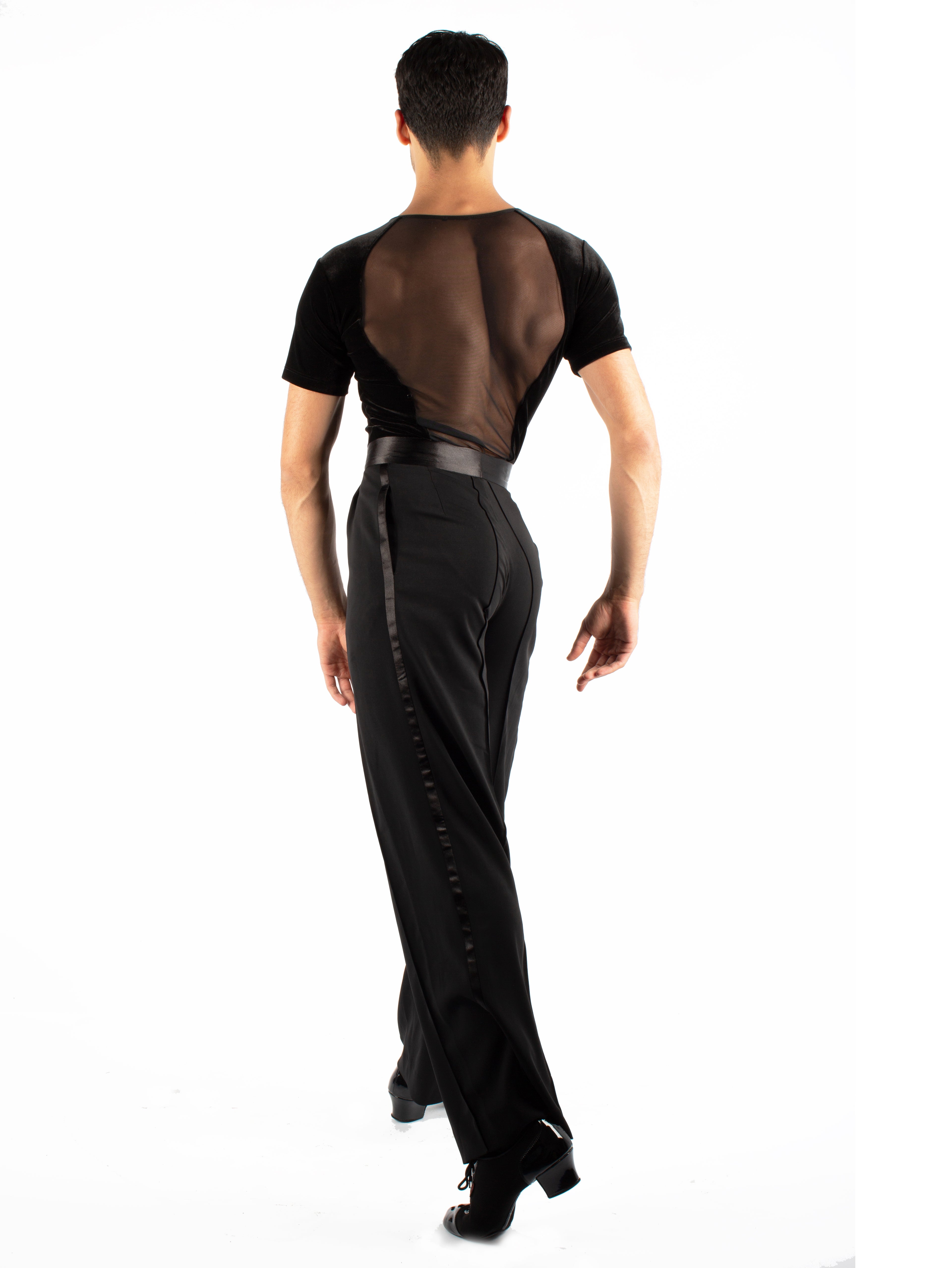 Short sleeved ballroom simplicity, mesh and velvet. Super soft, quick dry spandex, trunks attached with snap closure.