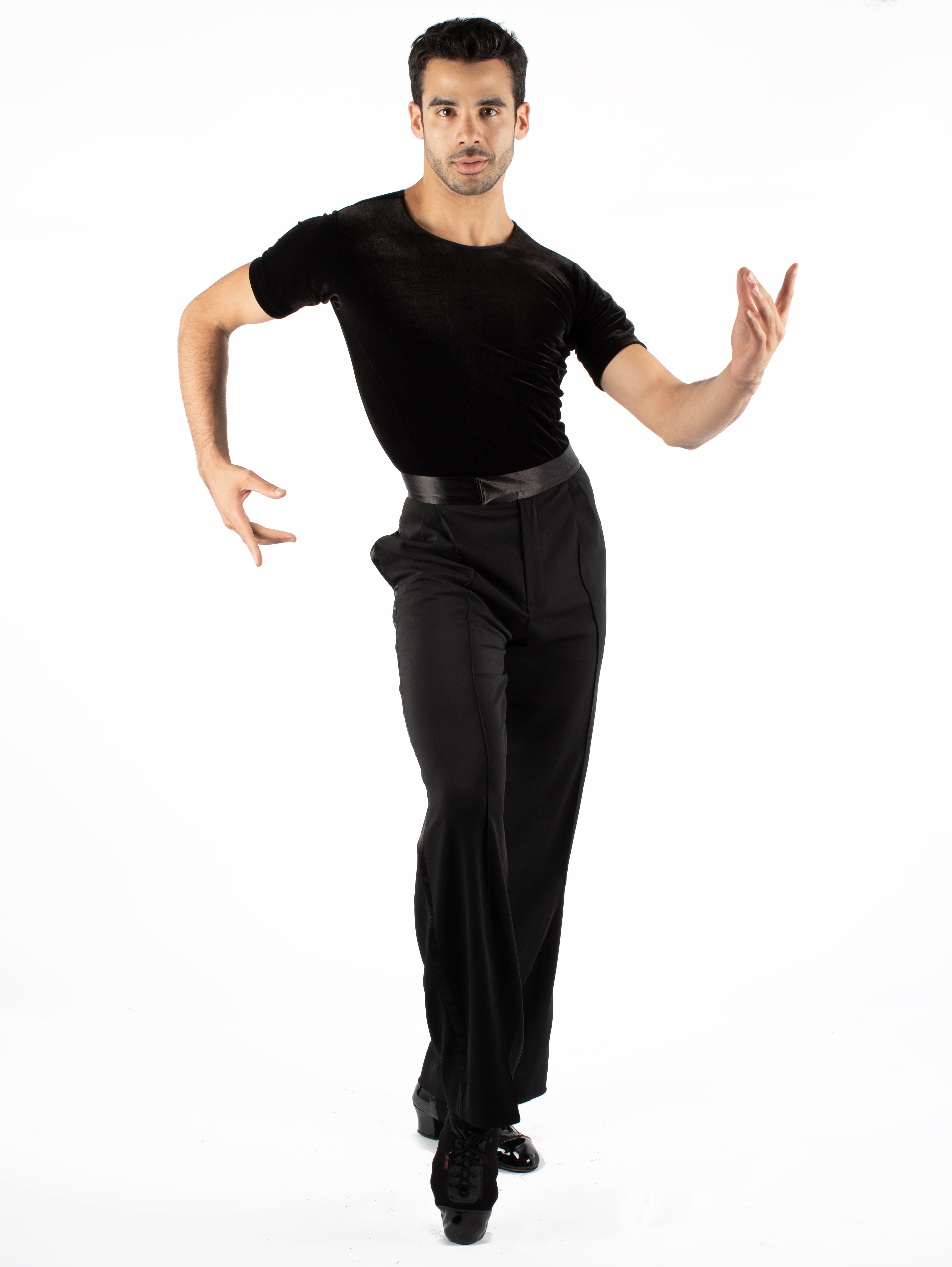 Short sleeved ballroom simplicity, mesh and velvet. Super soft, quick dry spandex, trunks attached with snap closure.