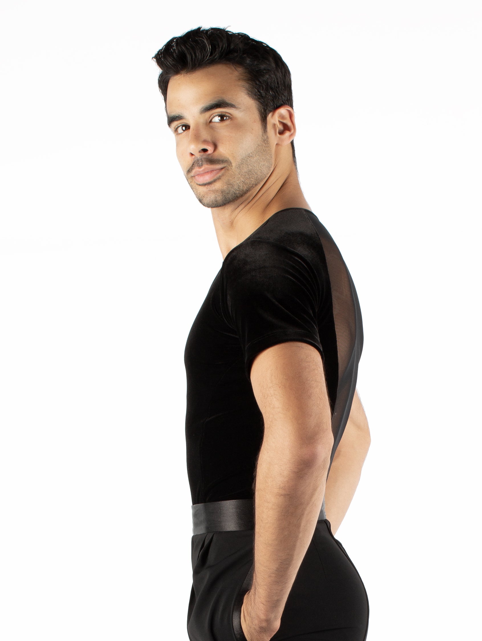 Short sleeved ballroom simplicity, mesh and velvet. Super soft, quick dry spandex, trunks attached with snap closure.