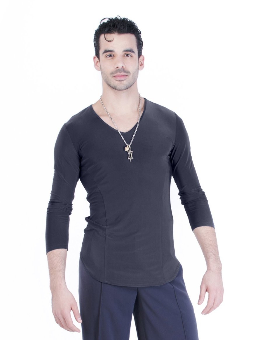 Classic ballroom silhouette for men with v-neck and a rounded hem.