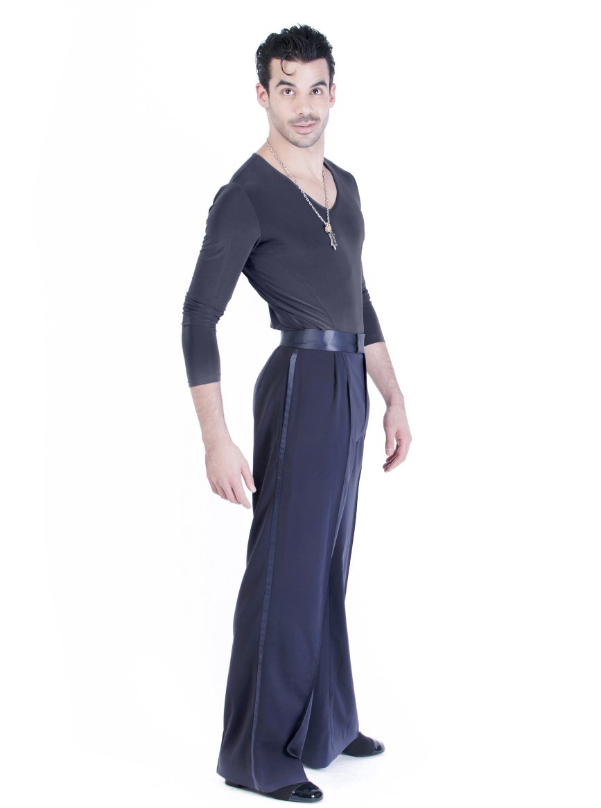 Miari mens steel Luca ballroom dance trousers  with satin waistband, pin tuck pleats, and pockets. Wide leg, satin trim down side seam. Durable crepe material no wrinkle machine washable. 