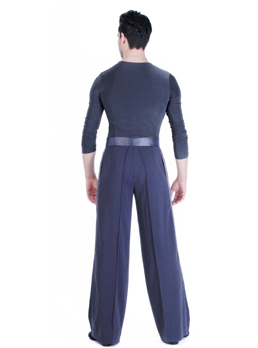 Miari mens steel Luca ballroom dance trousers  with satin waistband, pin tuck pleats, and pockets. Wide leg, satin trim down side seam. Durable crepe material no wrinkle machine washable. 