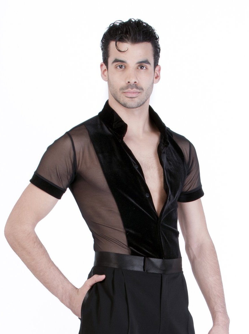 Miari mens black mesh and black spandex Theodore ballroom dance shirt, black mesh body with contrasting black velvet trims. Short sleeves provide maximum range of motion. Button front closure.