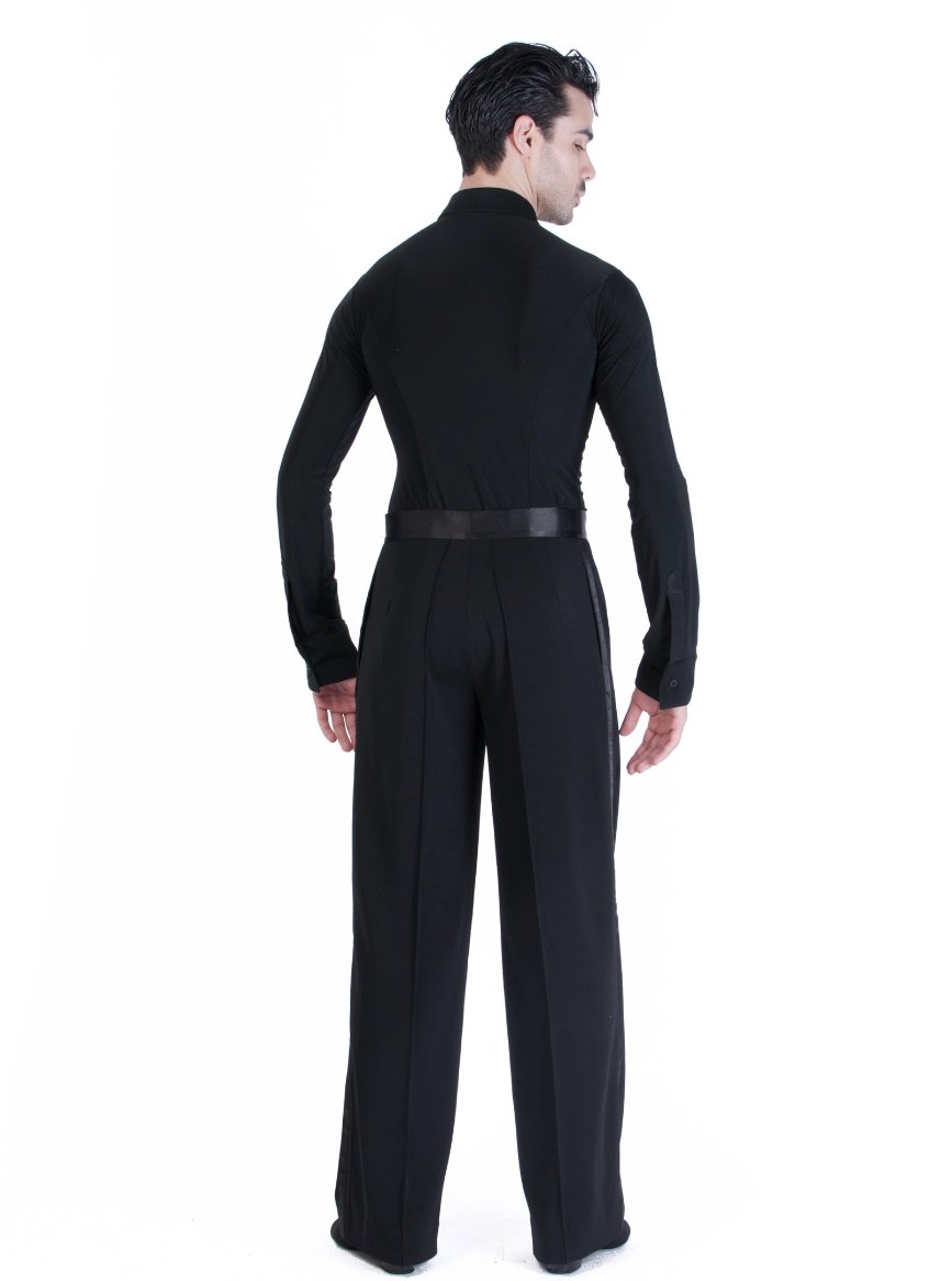 Miari mens dance trousers with satin waistband, pin tuck pleats, and pockets. Wide leg, satin trim down side seam. Durable crepe material no wrinkle machine washable. 