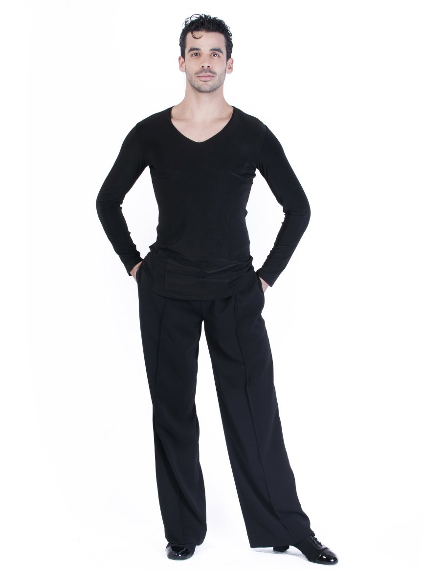 Miari mens dance trousers with satin waistband, pin tuck pleats, and pockets. Wide leg, satin trim down side seam. Durable crepe material no wrinkle machine washable. 