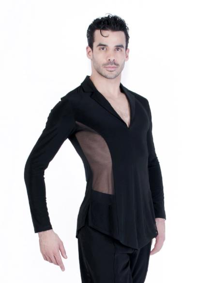 Miari mens ballroom dance blazer jacket with black mesh, wide set collar neckline and short slits at the center front hem and side seams.