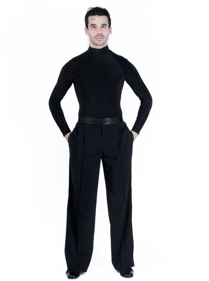 Miari mens dance trousers with satin waistband, pin tuck pleats, and pockets. Wide leg, satin trim down side seam. Durable crepe material no wrinkle machine washable. 